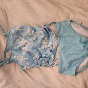 Kids Light Blue Floral Tankini Swimsuit